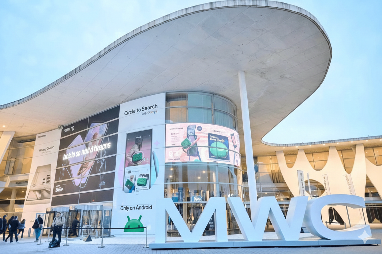 Wide shot of the MWC logo installation in front of the Fira Gran Via entrance during Mobile World Congress 2026, featuring digital advertisements for 'Circle to Search' and Android on the building's glass facade.