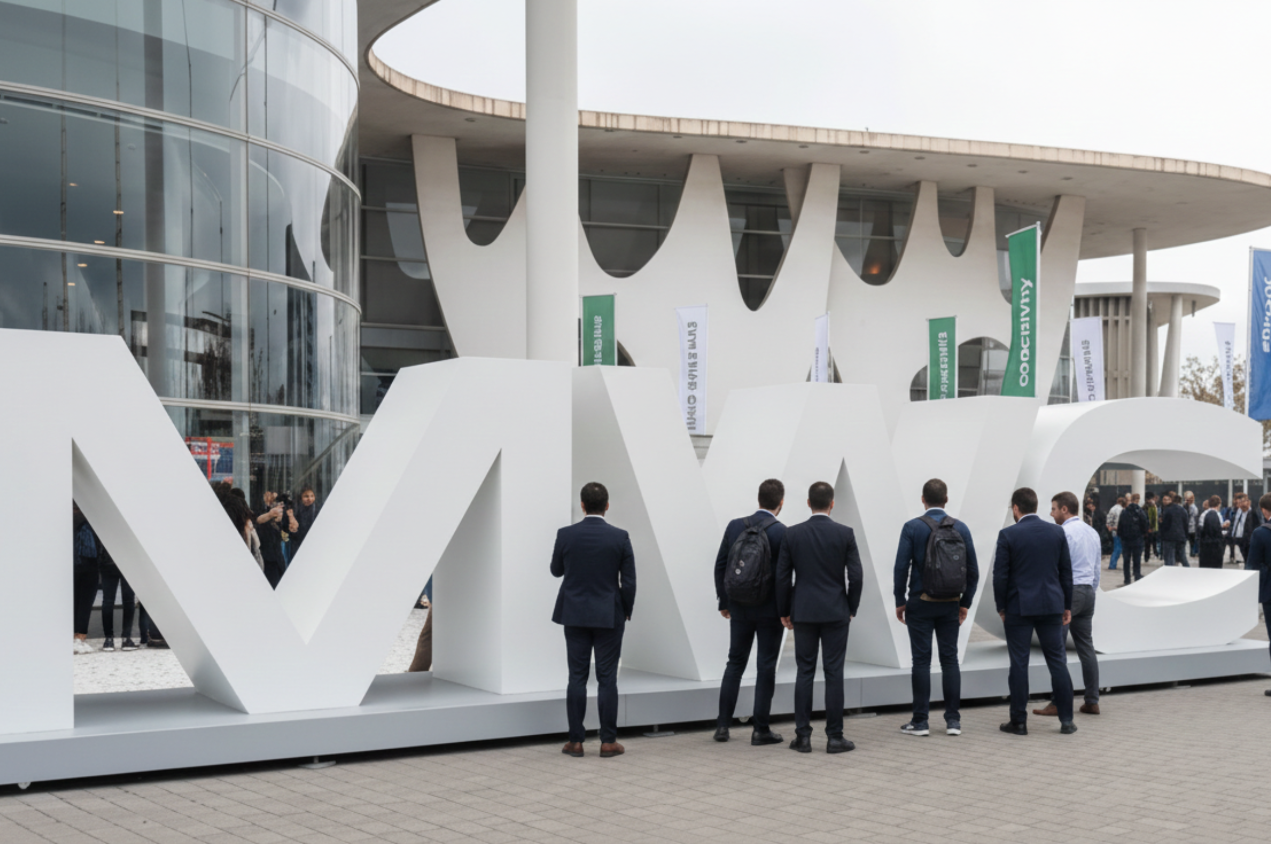 Large white 3D MWC logo installation outside the Fira Gran Via exhibition center during Mobile World Congress Barcelona 2026, with attendees and event banners in the background.