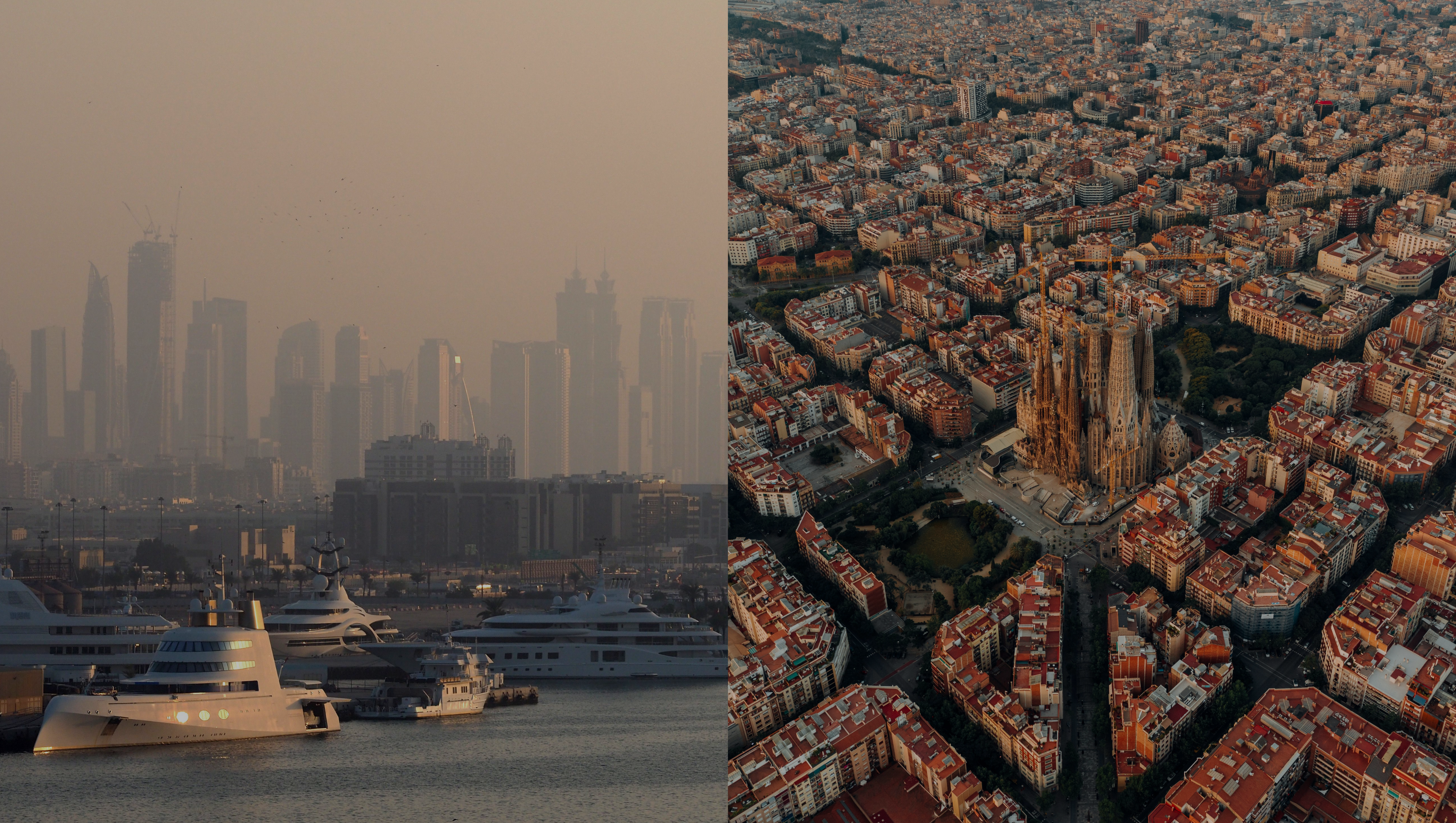 Split image comparing Dubai's skyline and luxury yachts with an aerial view of Barcelona's Sagrada Família, illustrating the shift in global wealth from Dubai to Barcelona.