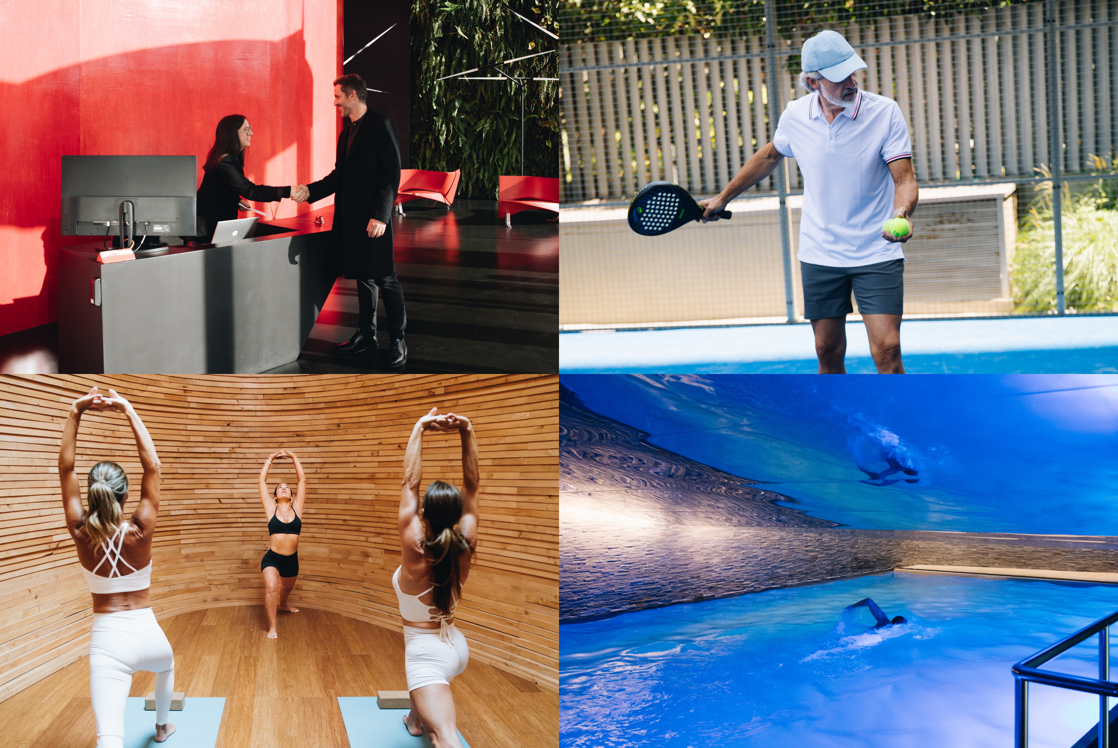 four premium lifestyle amenities: top-left, a resident greeting a concierge at a modern front desk; top-right, a man playing padel on an outdoor court; bottom-left, three women practicing yoga in a wood-paneled studio; bottom-right, a swimmer doing laps in a luxurious indoor pool.